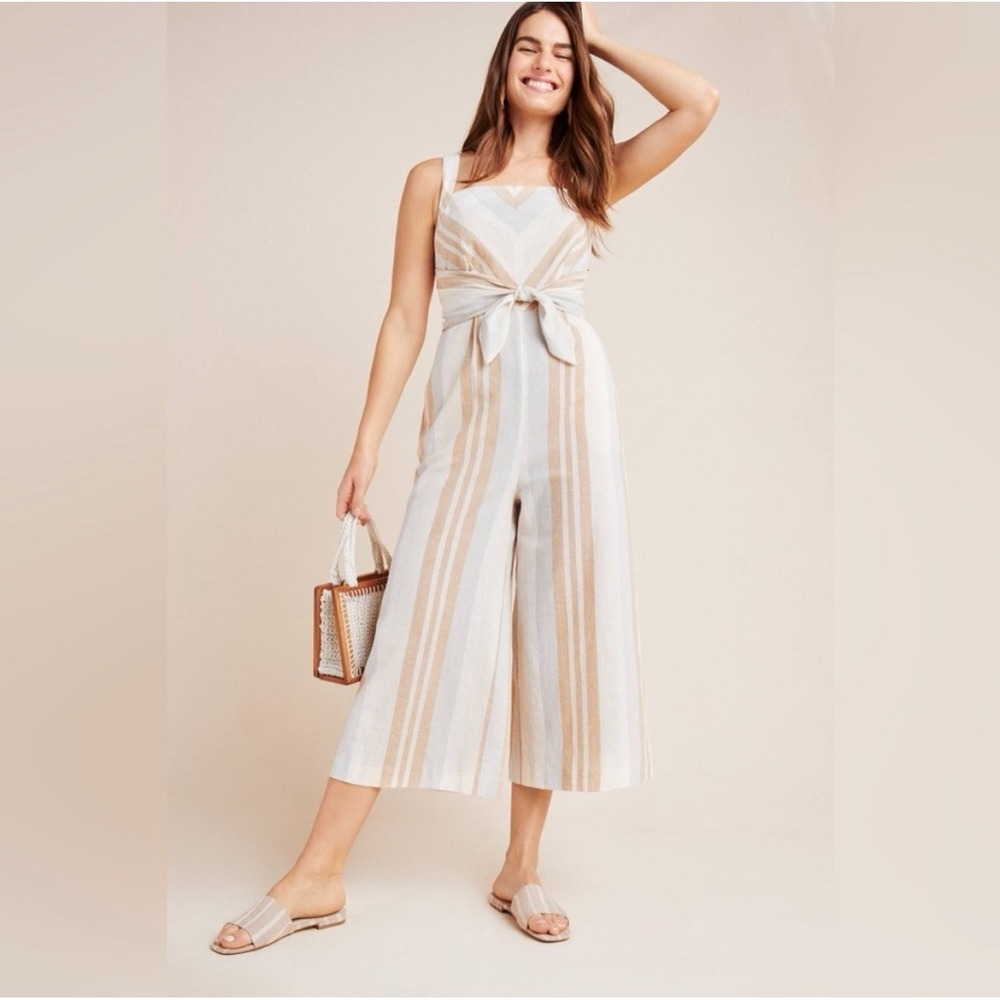 Striped Tie-Front Wide-Leg Jumpsuit - Cream & Tan